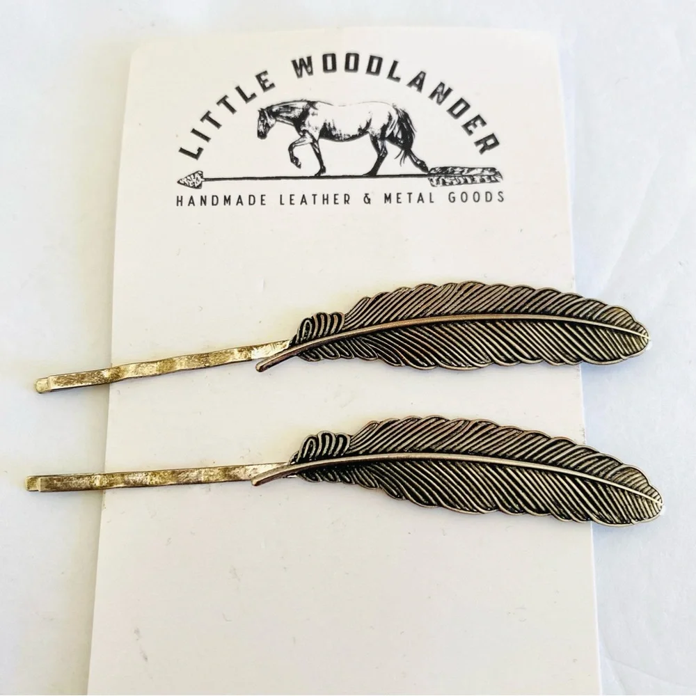 LITTLE WOODLANDER Silver Feather Hair Pins Bobby Pin 2 pc. Woodlands Nature